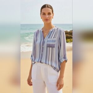 Light Purple Striped Gauzy V-Neck Button Front Women’s Top